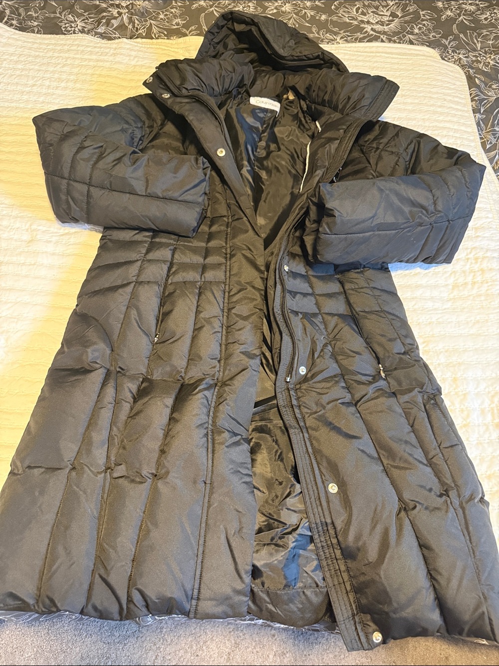 Calvin Klein Black Long Quilted Puffer Coat with Hood